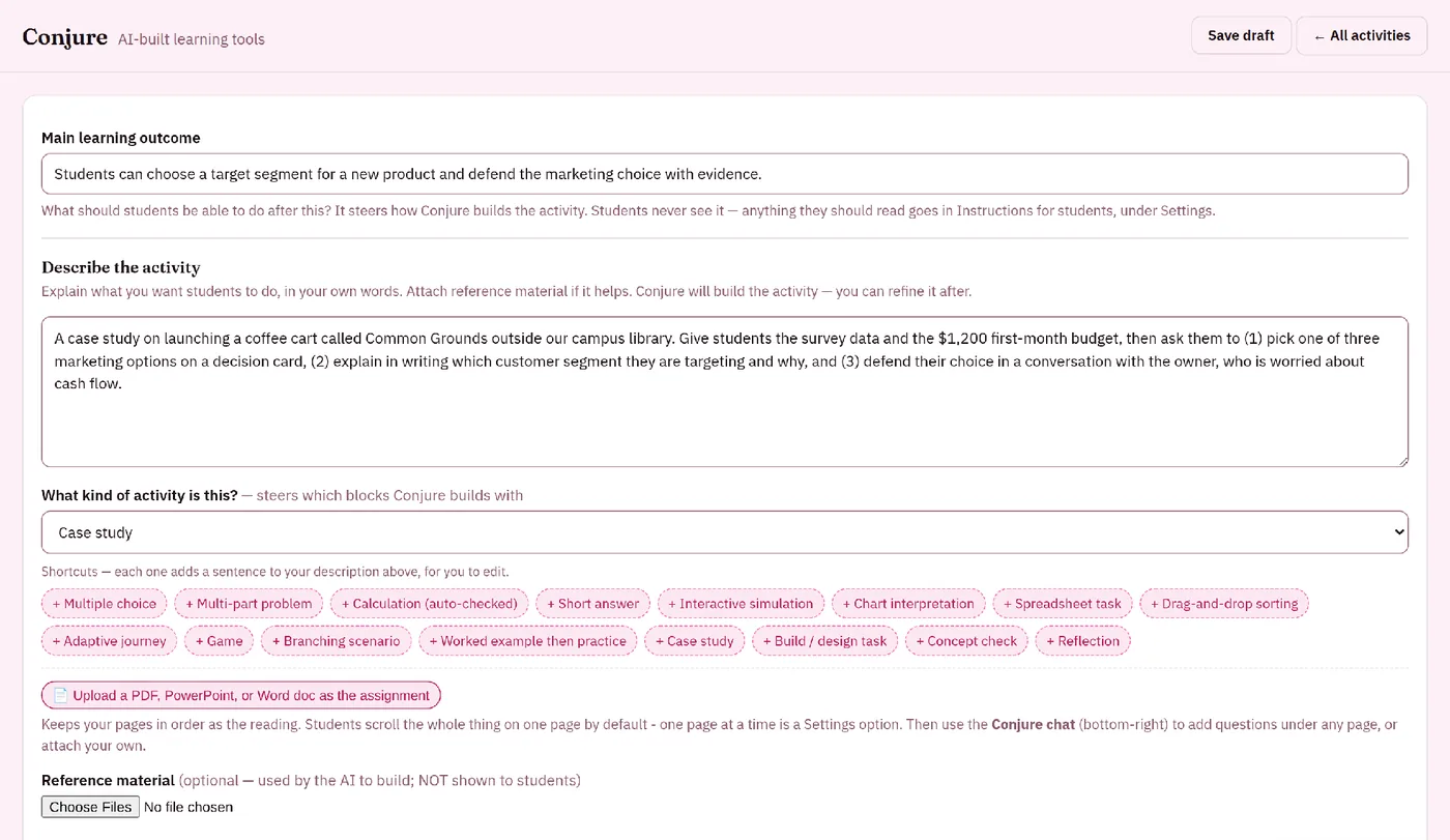 Starting a new Conjure activity: the learning outcome, the Describe the activity box filled in, and What kind of activity is this set to Case study