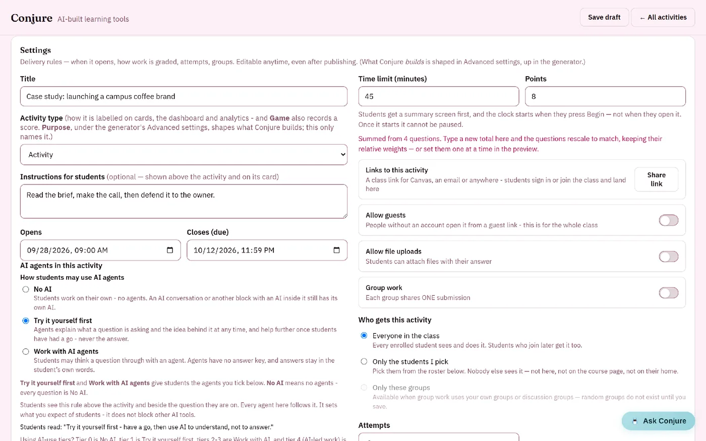 Conjure activity settings: title, time limit, points, activity type, open and due dates, and the AI rule choices No AI, Try it yourself first and Work with AI agents