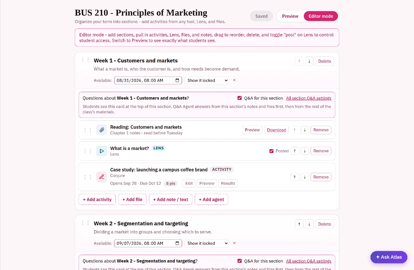 A course page in editing mode: Week 1 starts with its Q&A agent card, then a reading, a Lens lecture and a case-study activity, with buttons to add an activity, file, note or agent