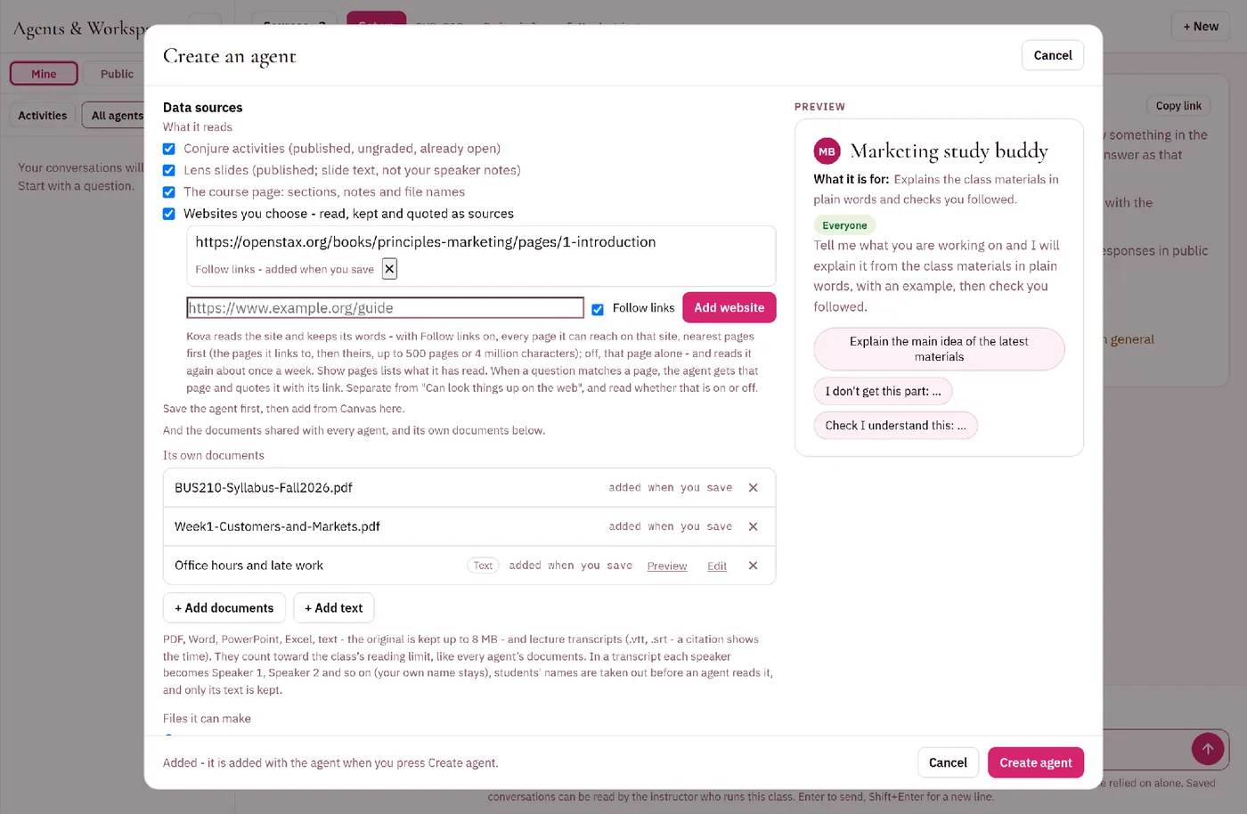 The Create an agent pop-up at Data sources: Conjure activities, Lens slides, the course page and a website ticked, two PDFs and a typed note added, with a preview of the agent on the right