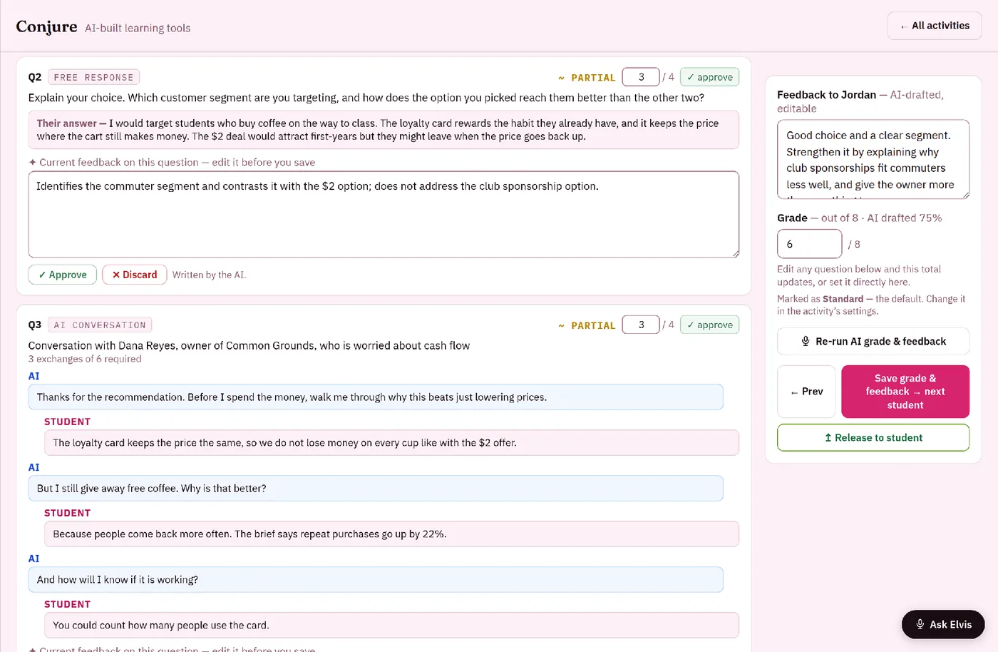 One student's grading detail: an answer with AI-drafted feedback awaiting approval, and the panel to adjust the grade and feedback, save and go to the next student, or release to the student