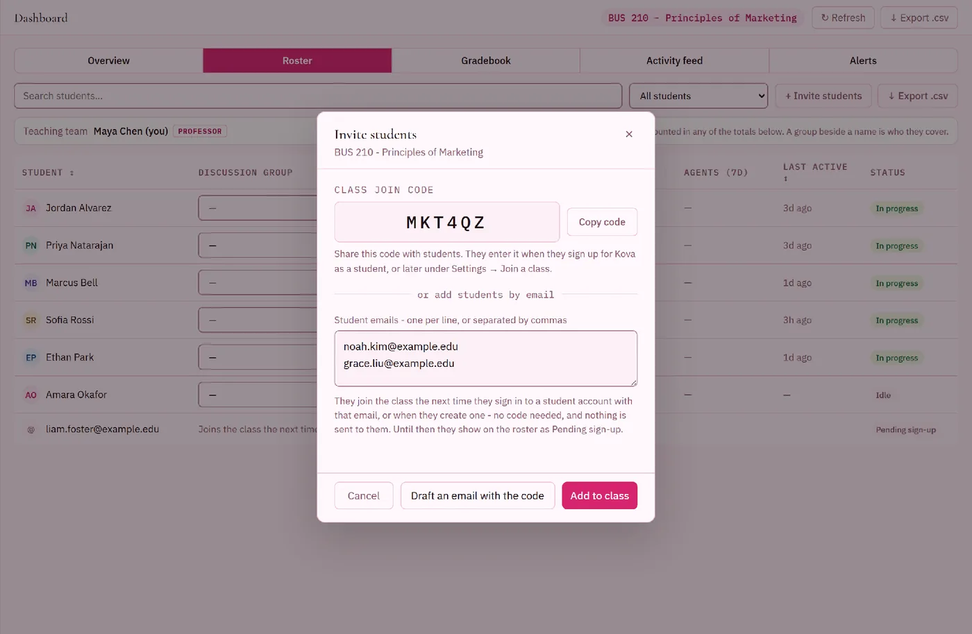 The Dashboard roster with the Invite students pop-up open, showing the class join code and a box to add students by email