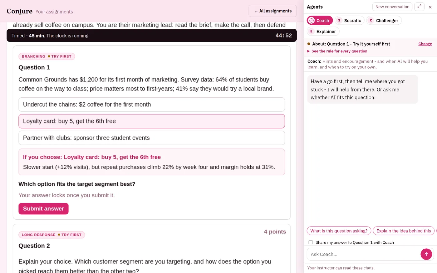 What a student sees: a timed activity with a decision card on the left and the Agents panel on the right, set to Question 1 - Try it yourself first